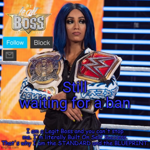 Sasha Banks template V2 | Still waiting for a ban | image tagged in sasha banks template v2 | made w/ Imgflip meme maker