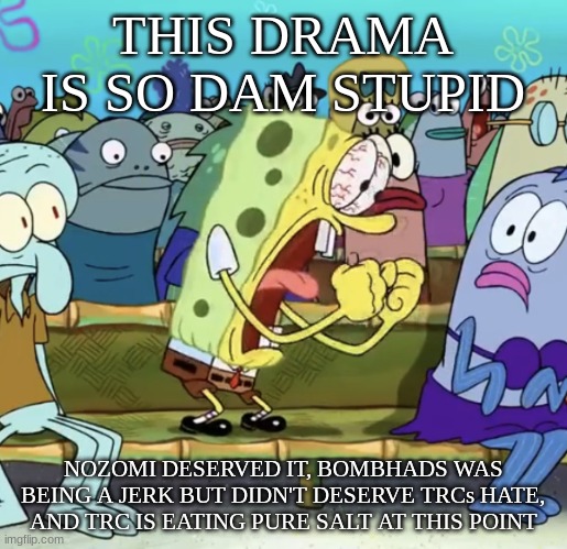 Spongebob Yelling | THIS DRAMA IS SO DAM STUPID NOZOMI DESERVED IT, BOMBHADS WAS BEING A JERK BUT DIDN'T DESERVE TRCs HATE, AND TRC IS EATING PURE SALT AT THIS  | image tagged in spongebob yelling | made w/ Imgflip meme maker