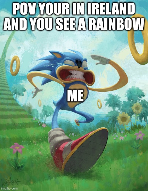 GET THERE FIRSTTTTTTT | POV YOUR IN IRELAND AND YOU SEE A RAINBOW; ME | image tagged in run sonic | made w/ Imgflip meme maker