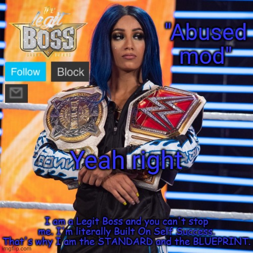 Sasha Banks template V2 | "Abused mod"; Yeah right | image tagged in sasha banks template v2 | made w/ Imgflip meme maker