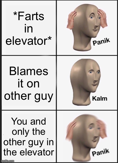 PANIK TIMEEEEE | *Farts in elevator*; Blames it on other guy; You and only the other guy in the elevator | image tagged in memes,panik kalm panik | made w/ Imgflip meme maker