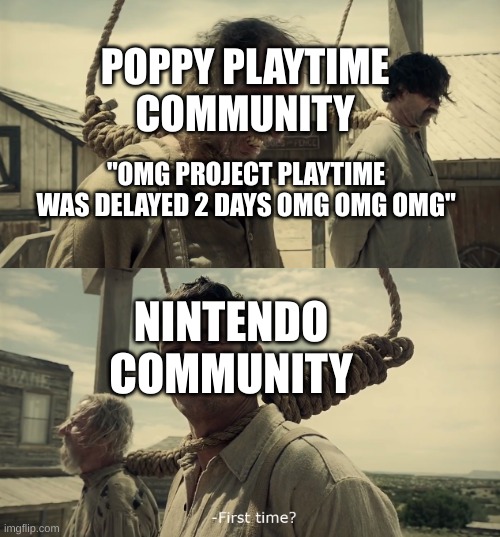 Seriously, kids these days. | POPPY PLAYTIME COMMUNITY; "OMG PROJECT PLAYTIME WAS DELAYED 2 DAYS OMG OMG OMG"; NINTENDO COMMUNITY | image tagged in first time | made w/ Imgflip meme maker