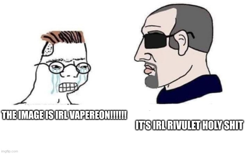 Normie vs Yes chad | THE IMAGE IS IRL VAPEREON!!!!!! IT'S IRL RIVULET HOLY SHIT | image tagged in normie vs yes chad | made w/ Imgflip meme maker