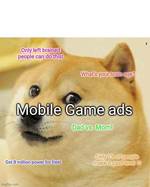 Doge | X; Only left brained people can do this! What's your brain age? Mobile Game ads; Dad vs. Mom! Only 1% of people make it past level 1! Get 8 million power for free! | image tagged in memes,doge | made w/ Imgflip meme maker