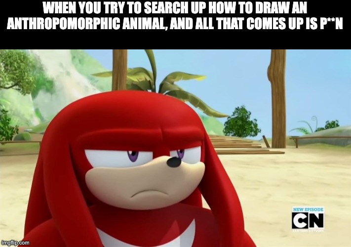 Yep | WHEN YOU TRY TO SEARCH UP HOW TO DRAW AN ANTHROPOMORPHIC ANIMAL, AND ALL THAT COMES UP IS P**N | image tagged in knuckles is not impressed - sonic boom | made w/ Imgflip meme maker