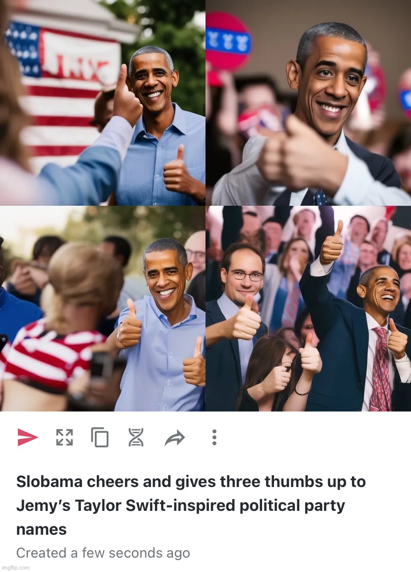 Of course when you actually tell the AI to draw a three-handed person, *that’s* when it rebels | image tagged in slobama cheers and gives three thumbs up to jemy s taylor swift-,s,l,o,t,h | made w/ Imgflip meme maker