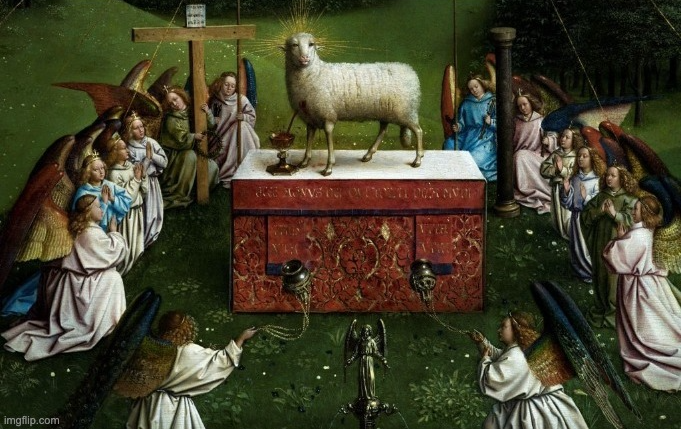 Holy sheep being worshipped by mob Blank Meme Template