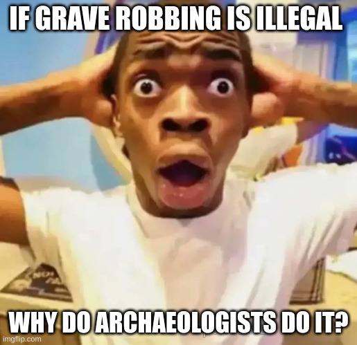i am not above graverobbing | IF GRAVE ROBBING IS ILLEGAL; WHY DO ARCHAEOLOGISTS DO IT? | image tagged in shocked black guy,funny memes,fun,funny meme,memes,graverobbing | made w/ Imgflip meme maker