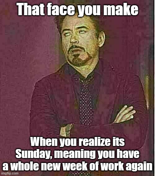 Just life | That face you make; When you realize its Sunday, meaning you have a whole new week of work again | image tagged in memes,face you make robert downey jr | made w/ Imgflip meme maker