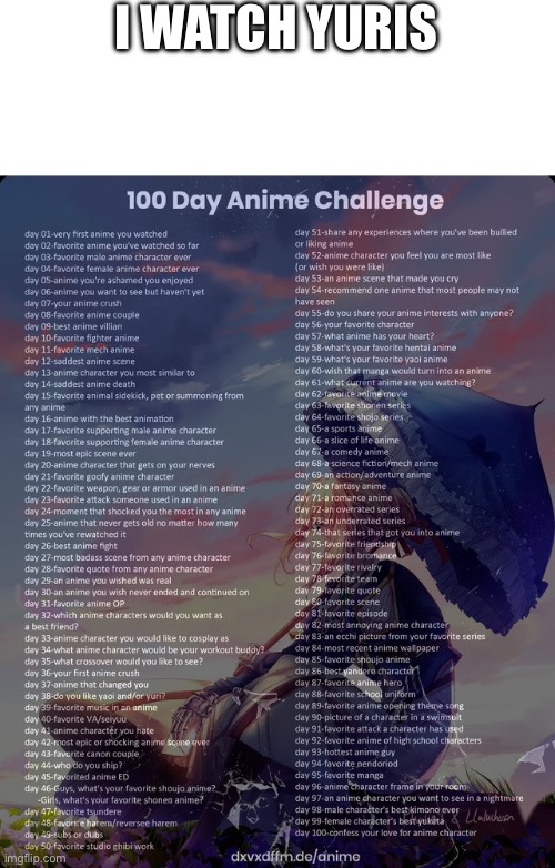 Day 59: I don’t like gay men I like gay women | I WATCH YURIS | image tagged in blank white template,100 day anime challenge | made w/ Imgflip meme maker