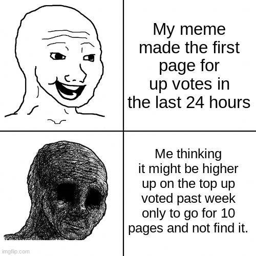 I was kinda sad when I realized this :( | My meme made the first page for up votes in the last 24 hours; Me thinking it might be higher up on the top up voted past week only to go for 10 pages and not find it. | image tagged in happy wojak vs depressed wojak | made w/ Imgflip meme maker