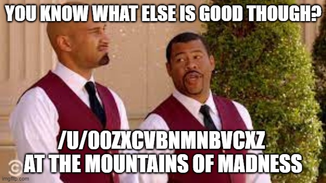 At the Mountains of Madness | YOU KNOW WHAT ELSE IS GOOD THOUGH? /U/00ZXCVBNMNBVCXZ 
AT THE MOUNTAINS OF MADNESS | image tagged in valets,k_p valets | made w/ Imgflip meme maker