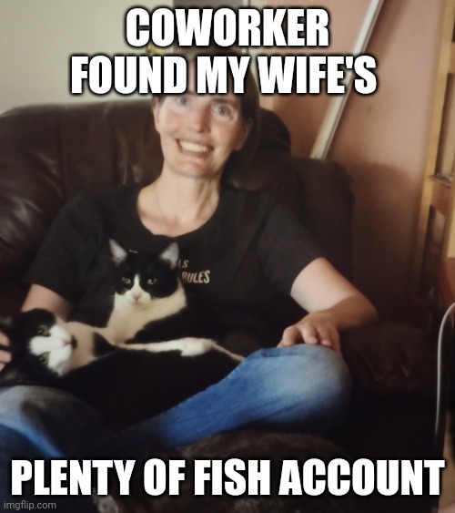 Cheating Nancy | COWORKER FOUND MY WIFE'S; PLENTY OF FISH ACCOUNT | image tagged in cheating nancy | made w/ Imgflip meme maker