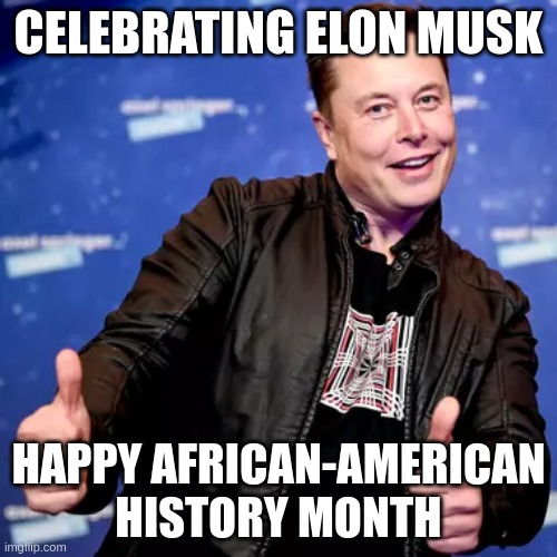 Happy African-American History Month | CELEBRATING ELON MUSK; HAPPY AFRICAN-AMERICAN HISTORY MONTH | image tagged in elon musk | made w/ Imgflip meme maker