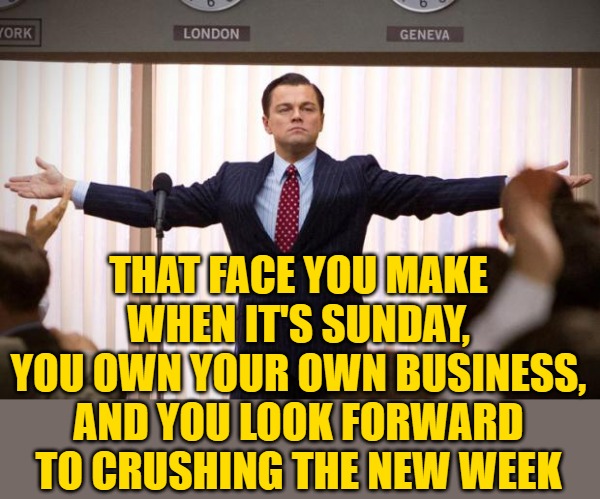 wolf of wallstreet | THAT FACE YOU MAKE WHEN IT'S SUNDAY, YOU OWN YOUR OWN BUSINESS, AND YOU LOOK FORWARD TO CRUSHING THE NEW WEEK | image tagged in wolf of wallstreet | made w/ Imgflip meme maker