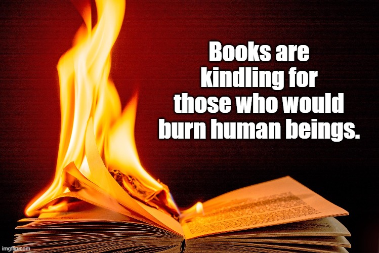 Books are kindling | Books are kindling for those who would burn human beings. | image tagged in books,burning books,fascists,human,extermination | made w/ Imgflip meme maker