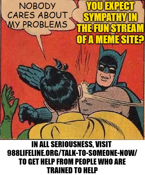 Batman Slapping Robin Meme | NOBODY CARES ABOUT MY PROBLEMS YOU EXPECT SYMPATHY IN THE FUN STREAM OF A MEME SITE? IN ALL SERIOUSNESS, VISIT 
988LIFELINE.ORG/TALK-TO-SOME | image tagged in memes,batman slapping robin | made w/ Imgflip meme maker