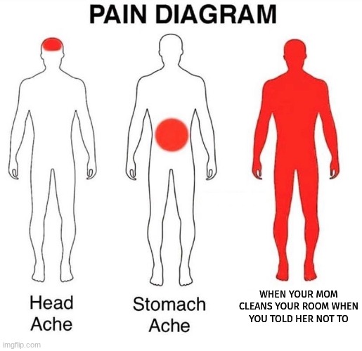 I dont even want to think about the stray Tom drawing from a year ago | WHEN YOUR MOM CLEANS YOUR ROOM WHEN YOU TOLD HER NOT TO | image tagged in pain diagram,the worst pain,i love emotional pain im joking,thaannkks mom | made w/ Imgflip meme maker