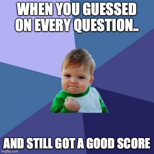 Success Kid | WHEN YOU GUESSED ON EVERY QUESTION.. AND STILL GOT A GOOD SCORE | image tagged in memes,success kid | made w/ Imgflip meme maker