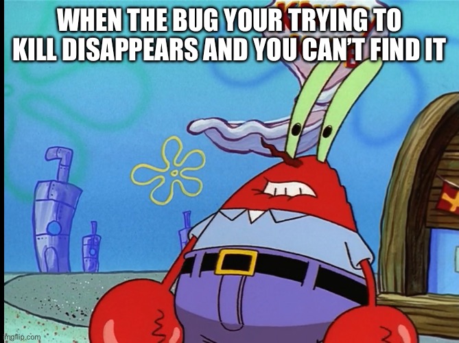 Relatable memes #2 | WHEN THE BUG YOUR TRYING TO KILL DISAPPEARS AND YOU CAN’T FIND IT | image tagged in spongebob,bugs,funny memes,relatable memes | made w/ Imgflip meme maker
