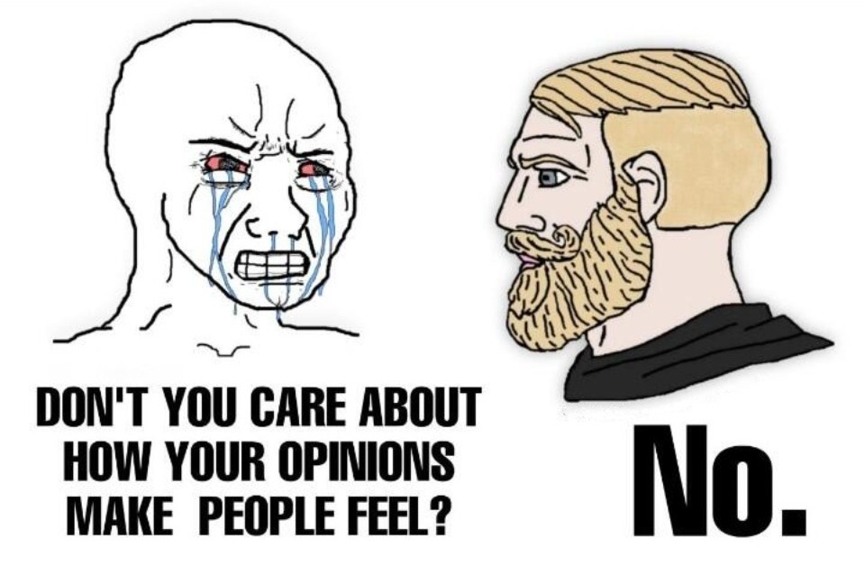Don't you care about how your opinions make people feel? | image tagged in npc meme,npc,fuck your feelings,fuck you,no fucks to give,no fucks given | made w/ Imgflip meme maker