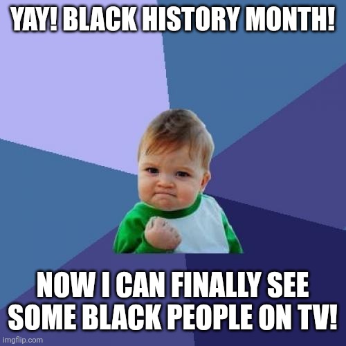 Success Kid | YAY! BLACK HISTORY MONTH! NOW I CAN FINALLY SEE SOME BLACK PEOPLE ON TV! | image tagged in memes,success kid | made w/ Imgflip meme maker
