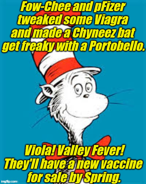 Fow-Chee & pFizer, sitting in a tree, K-I-L-L-I-N-G. | Fow-Chee and pFizer 
tweaked some Viagra 
and made a Chyneez bat 
get freaky with a Portobello. Viola! Valley Fever!
They'll have a new vaccine 
for sale by Spring. | image tagged in obiden - shat in the hat,criminal,democrat,liberal,biden,obama | made w/ Imgflip meme maker