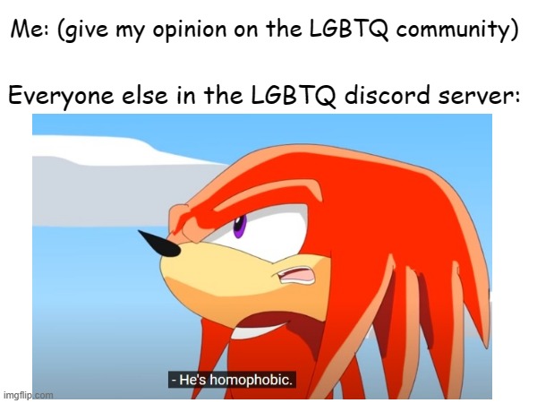 Me: (give my opinion on the LGBTQ community); Everyone else in the LGBTQ discord server: | made w/ Imgflip meme maker