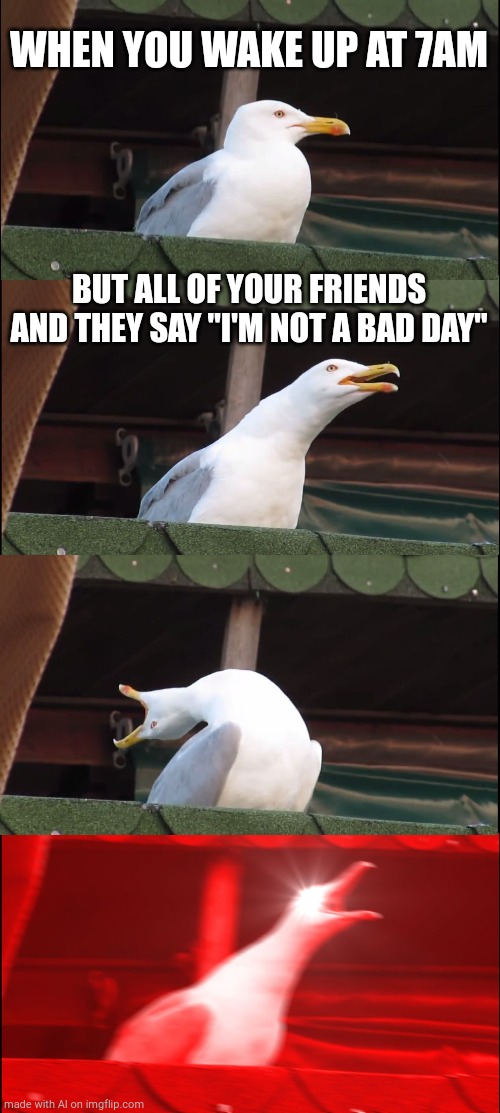 Inhaling Seagull | WHEN YOU WAKE UP AT 7AM; BUT ALL OF YOUR FRIENDS AND THEY SAY "I'M NOT A BAD DAY" | image tagged in memes,inhaling seagull | made w/ Imgflip meme maker