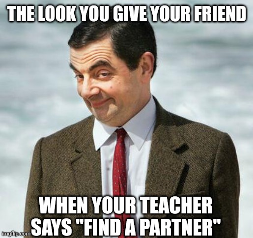 mr bean | THE LOOK YOU GIVE YOUR FRIEND; WHEN YOUR TEACHER SAYS "FIND A PARTNER" | image tagged in mr bean,friendship,partners in crime,school,i choose you,memes | made w/ Imgflip meme maker