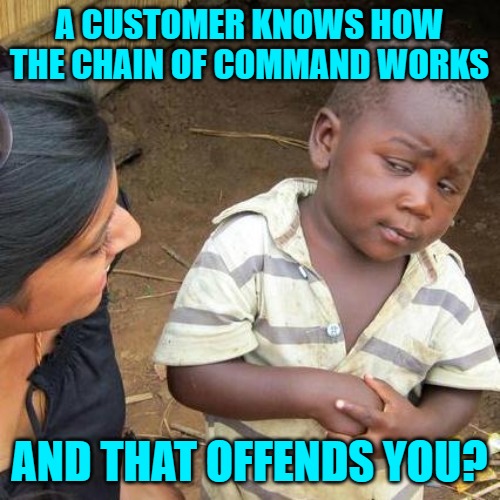Third World Skeptical Kid Meme | A CUSTOMER KNOWS HOW THE CHAIN OF COMMAND WORKS AND THAT OFFENDS YOU? | image tagged in memes,third world skeptical kid | made w/ Imgflip meme maker