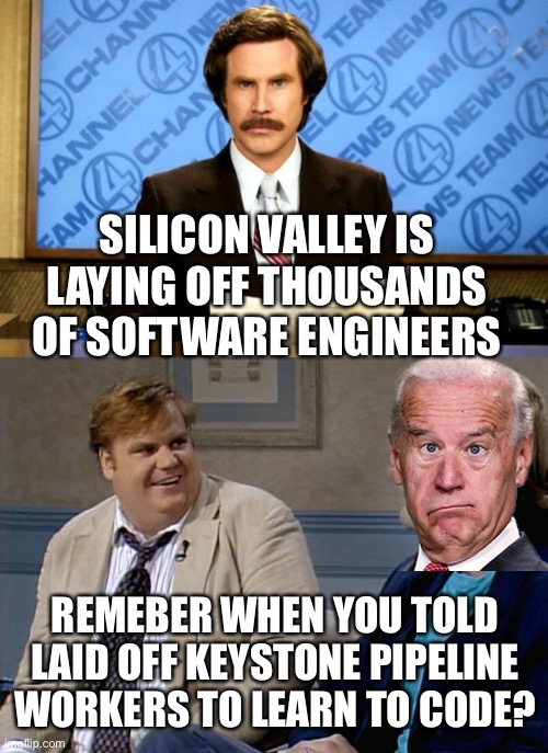 So laid off software engineers should learn to do what? | SILICON VALLEY IS LAYING OFF THOUSANDS OF SOFTWARE ENGINEERS; REMEBER WHEN YOU TOLD LAID OFF KEYSTONE PIPELINE WORKERS TO LEARN TO CODE? | image tagged in laid off,keystone pipeline,learn to code,biden,silicon valley lay offs | made w/ Imgflip meme maker