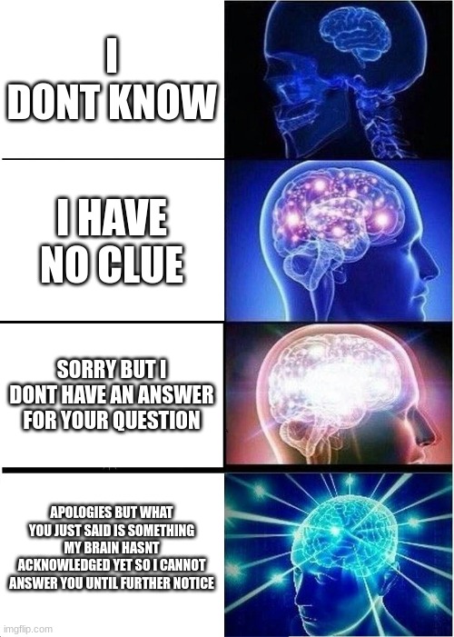 Expanding Brain | I DONT KNOW; I HAVE NO CLUE; SORRY BUT I DONT HAVE AN ANSWER FOR YOUR QUESTION; APOLOGIES BUT WHAT YOU JUST SAID IS SOMETHING MY BRAIN HASNT ACKNOWLEDGED YET SO I CANNOT ANSWER YOU UNTIL FURTHER NOTICE | image tagged in memes,expanding brain | made w/ Imgflip meme maker