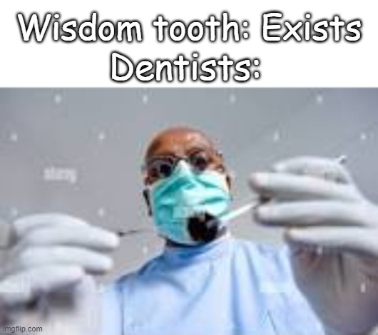 "i don't wanna go" | Wisdom tooth: Exists; Dentists: | image tagged in fun | made w/ Imgflip meme maker