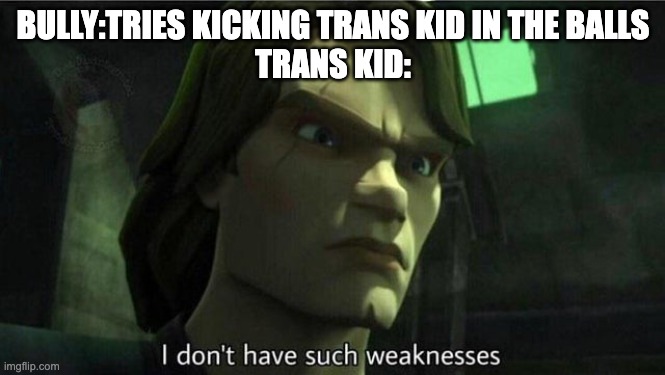 I don't have such weakness | BULLY:TRIES KICKING TRANS KID IN THE BALLS
TRANS KID: | image tagged in i don't have such weakness | made w/ Imgflip meme maker