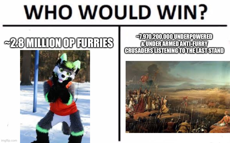 I have defiled my phone | ~2.8 MILLION OP FURRIES; ~7,970,200,000 UNDERPOWERED & UNDER ARMED ANTI-FURRY CRUSADERS LISTENING TO THE LAST STAND | image tagged in memes,who would win | made w/ Imgflip meme maker