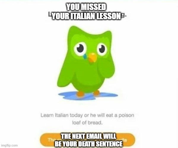 duo is scary | YOU MISSED YOUR ITALIAN LESSON; THE NEXT EMAIL WILL BE YOUR DEATH SENTENCE | image tagged in duolingo bird | made w/ Imgflip meme maker