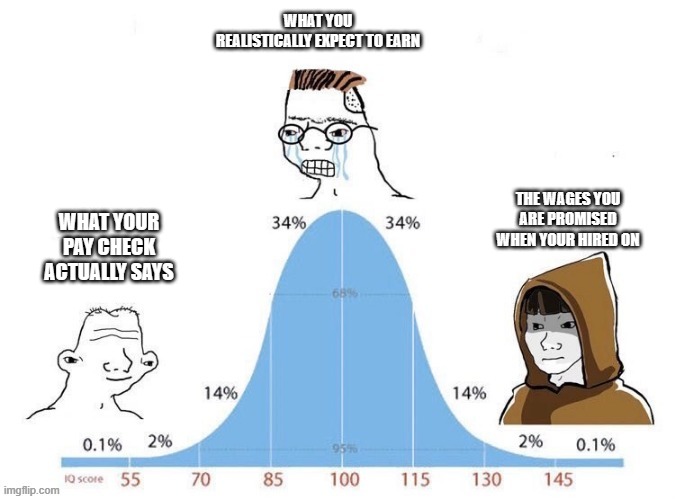 When you get that dream job you always wanted. |  WHAT YOU REALISTICALLY EXPECT TO EARN; THE WAGES YOU ARE PROMISED WHEN YOUR HIRED ON; WHAT YOUR PAY CHECK ACTUALLY SAYS | image tagged in bell curve,job interview,fake promises,funny | made w/ Imgflip meme maker