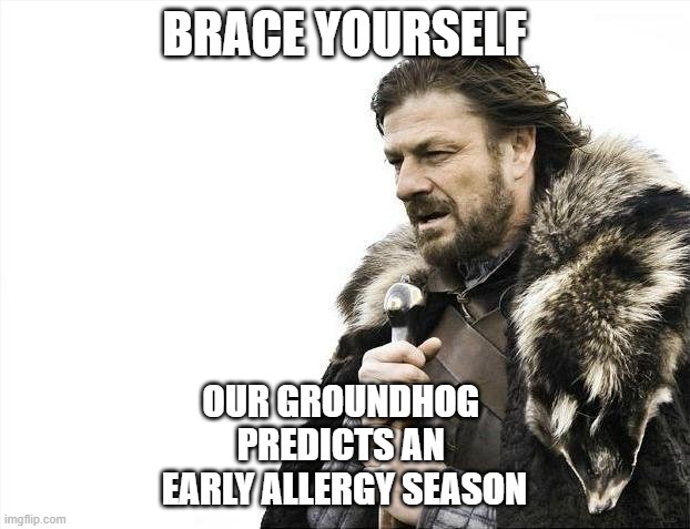 Balzac Billy's prediction 2023 | BRACE YOURSELF; OUR GROUNDHOG 
PREDICTS AN 
EARLY ALLERGY SEASON | image tagged in memes,brace yourselves x is coming,groundhog day,game of thrones | made w/ Imgflip meme maker