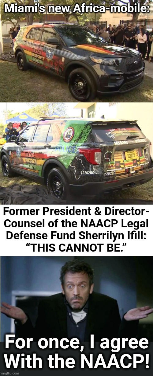 What about the rims?! | Miami's new Africa-mobile:; Former President & Director-
Counsel of the NAACP Legal
Defense Fund Sherrilyn Ifill:
“THIS CANNOT BE.”; For once, I agree
With the NAACP! | image tagged in shrug,memes,miami,florida,black history month,police cruiser | made w/ Imgflip meme maker