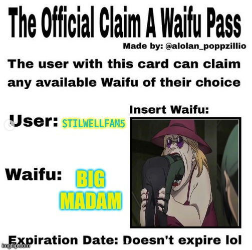 Official claim a waifu pass | STILWELLFAM5; BIG MADAM | image tagged in official claim a waifu pass | made w/ Imgflip meme maker