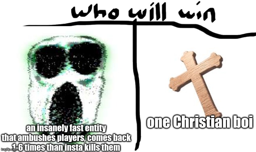 doors memes i found in the closet | one Christian boi; an insanely fast entity that ambushes players, comes back 1-6 times than insta kills them | image tagged in doors,funny,memes,who will win | made w/ Imgflip meme maker