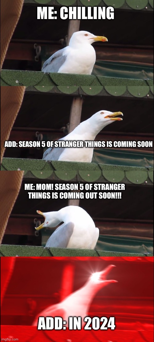 This is my first meme… | ME: CHILLING; ADD: SEASON 5 OF STRANGER THINGS IS COMING SOON; ME: MOM! SEASON 5 OF STRANGER THINGS IS COMING OUT SOON!!! ADD: IN 2024 | image tagged in memes,inhaling seagull | made w/ Imgflip meme maker