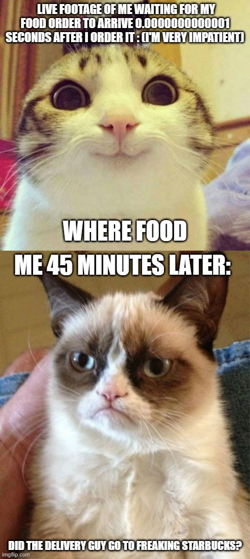 Delivery Order |  LIVE FOOTAGE OF ME WAITING FOR MY FOOD ORDER TO ARRIVE 0.0000000000001 SECONDS AFTER I ORDER IT : (I'M VERY IMPATIENT); WHERE FOOD; ME 45 MINUTES LATER:; DID THE DELIVERY GUY GO TO FREAKING STARBUCKS? | image tagged in memes,smiling cat,grumpy cat,funny,cats,funny cats | made w/ Imgflip meme maker