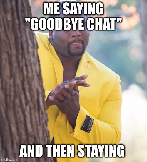 Black guy hiding behind tree | ME SAYING "GOODBYE CHAT"; AND THEN STAYING | image tagged in black guy hiding behind tree | made w/ Imgflip meme maker