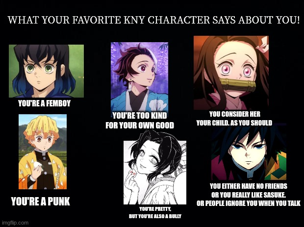 who is your favourite demon slayer character and why | WHAT YOUR FAVORITE KNY CHARACTER SAYS ABOUT YOU! YOU'RE A FEMBOY; YOU CONSIDER HER YOUR CHILD. AS YOU SHOULD; YOU'RE TOO KIND FOR YOUR OWN GOOD; YOU EITHER HAVE NO FRIENDS OR YOU REALLY LIKE SASUKE. OR PEOPLE IGNORE YOU WHEN YOU TALK; YOU'RE A PUNK; YOU'RE PRETTY, BUT YOU'RE ALSO A BULLY | image tagged in black background,demon slayer | made w/ Imgflip meme maker