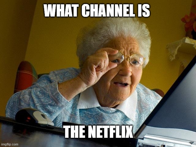 Grandma Finds The Internet Meme | WHAT CHANNEL IS; THE NETFLIX | image tagged in memes,grandma finds the internet | made w/ Imgflip meme maker
