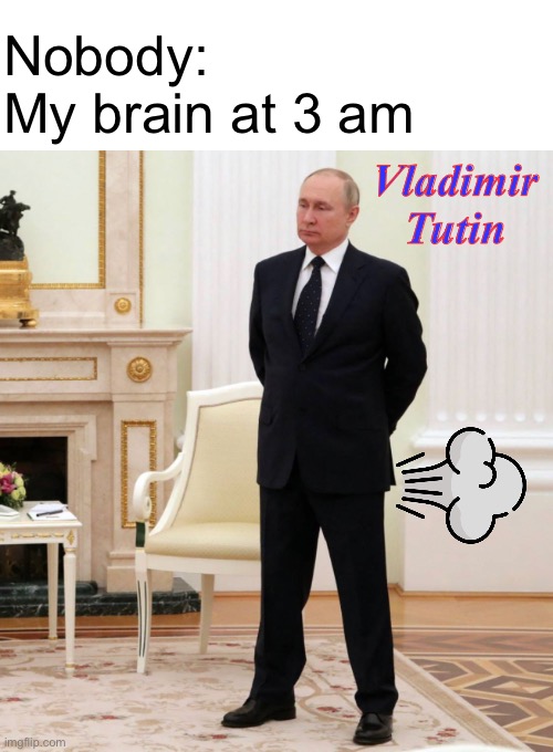 I actually did think of this at 3am lol | Nobody: 
My brain at 3 am; Vladimir 
Tutin | image tagged in memes,vladimir putin | made w/ Imgflip meme maker
