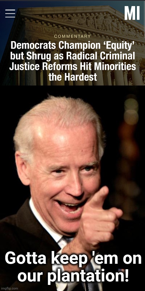 Police "reforms" increase crime which crushes minority communities | Gotta keep 'em on
our plantation! | image tagged in memes,smilin biden,crime,police,reform,no bail | made w/ Imgflip meme maker