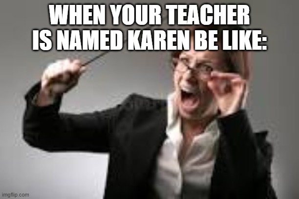 Karen | WHEN YOUR TEACHER IS NAMED KAREN BE LIKE: | image tagged in karens,teachers,you're fired,call the manager,sue | made w/ Imgflip meme maker